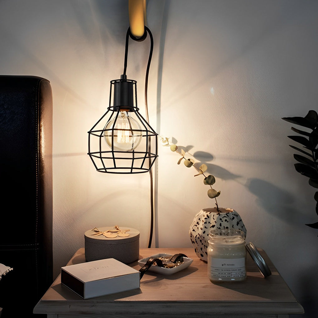 Black Metal Lantern Cage Chandelier Retro Industrial Pendant Light with Push Button Switch and US Plug