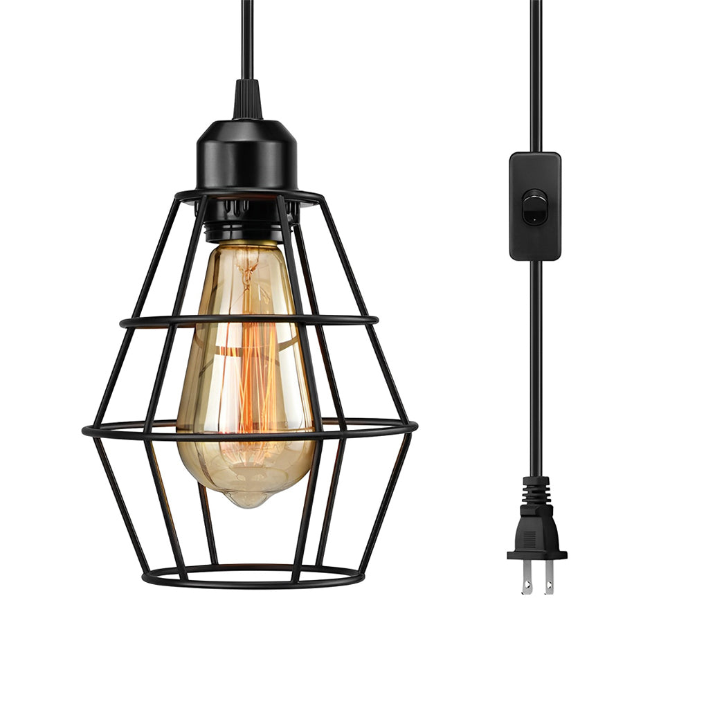 Black Metal Lantern Cage Chandelier Retro Industrial Pendant Light with Push Button Switch and US Plug