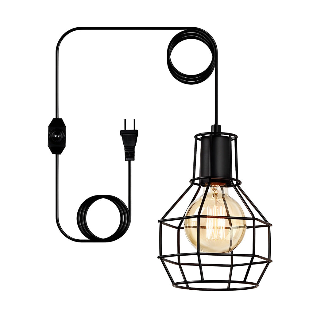 Black Metal Lantern Cage Chandelier Retro Industrial Pendant Light with Push Button Switch and US Plug