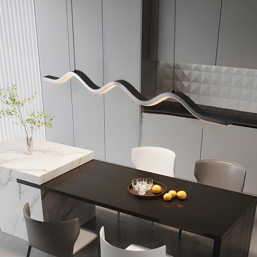 Black Wave Ribbon LED Linear Pendant Light Dimmable Kitchen Island Hanging Fixture Adjustable Height