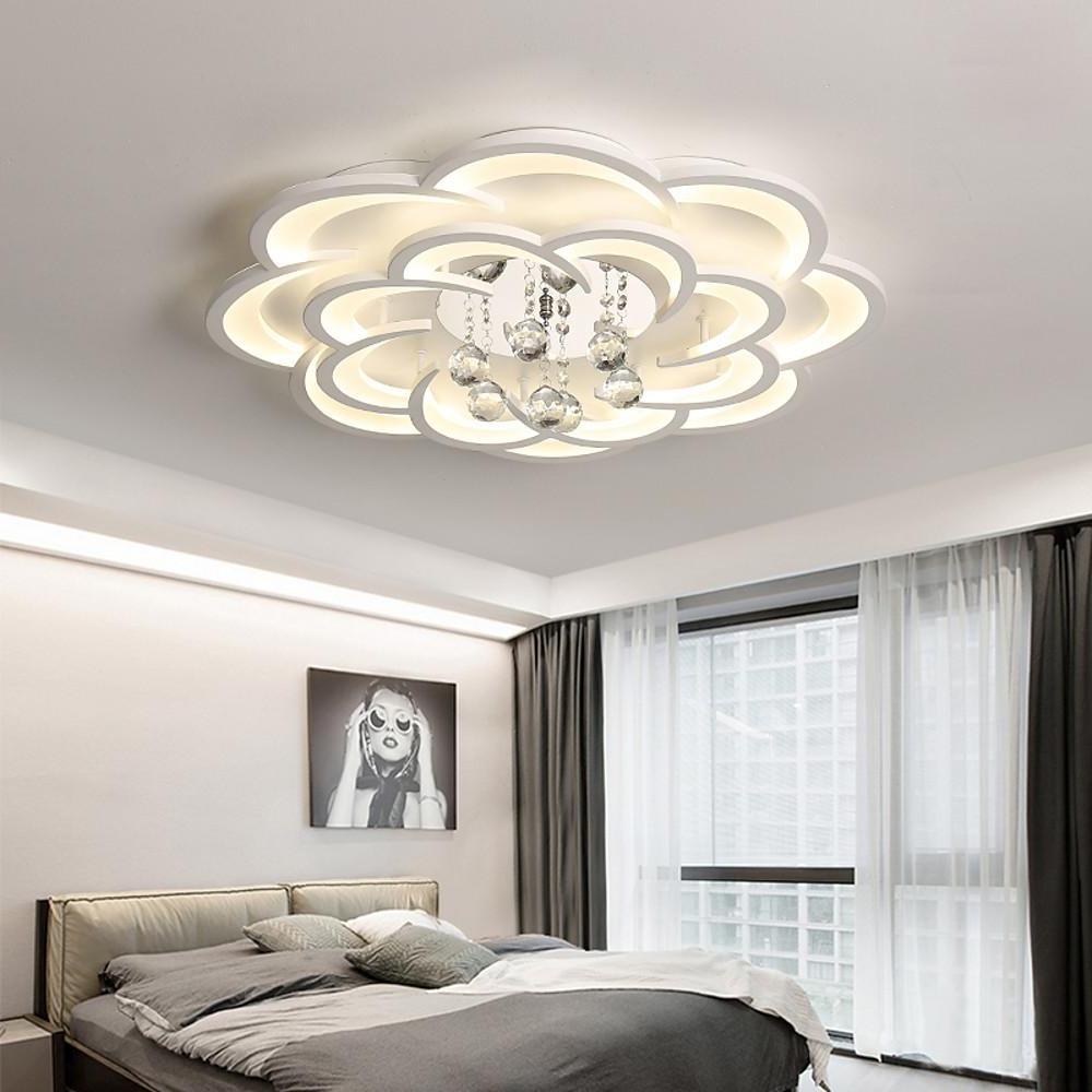 Flower Shaped LED Ceiling Light Flush Mount Fixture with Crystal Pendants for Bedroom Living Room