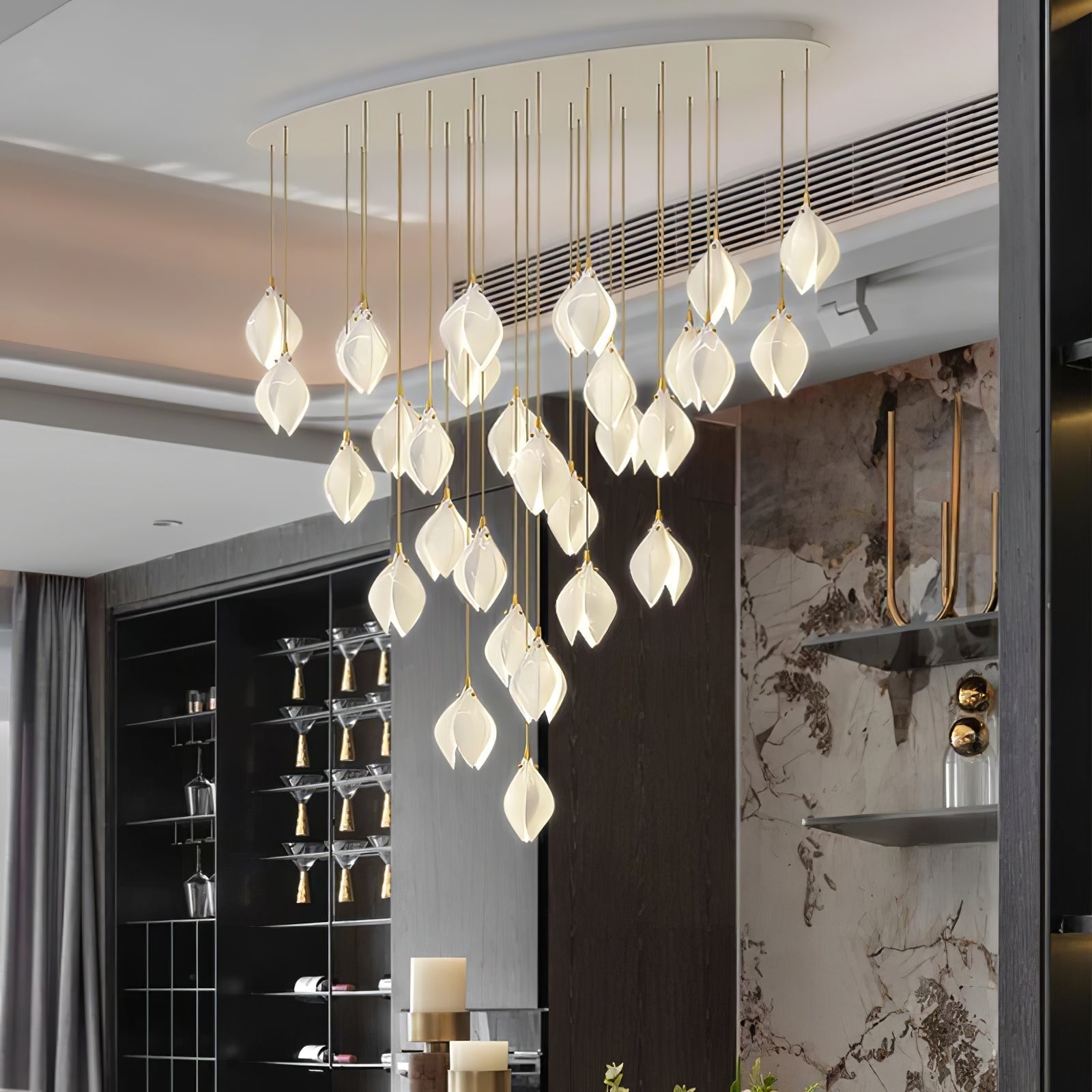Bloom Ceramic Floral Pendant Light with White Porcelain Flower Buds and Brass Accents