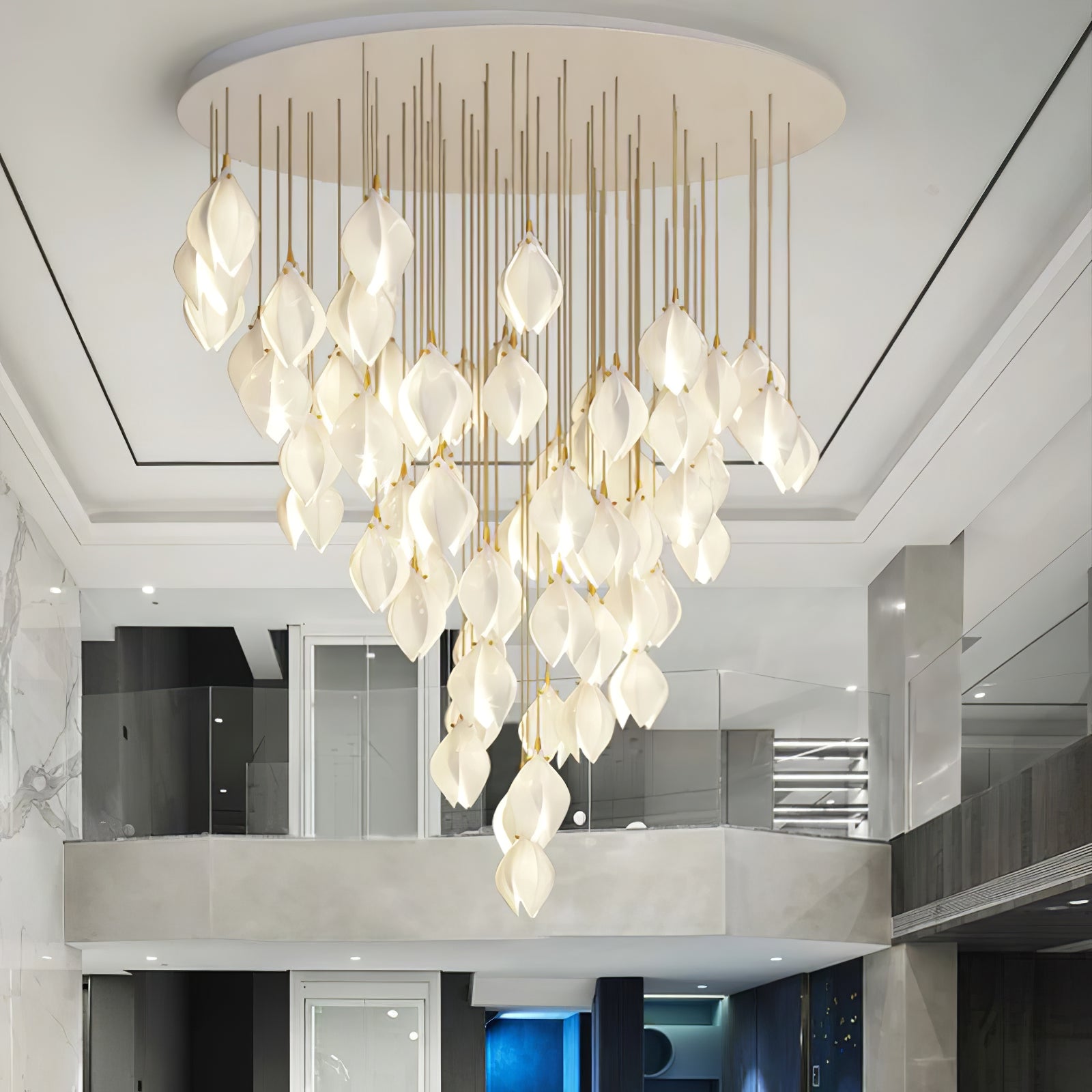 Bloom Ceramic Floral Pendant Light with White Porcelain Flower Buds and Brass Accents