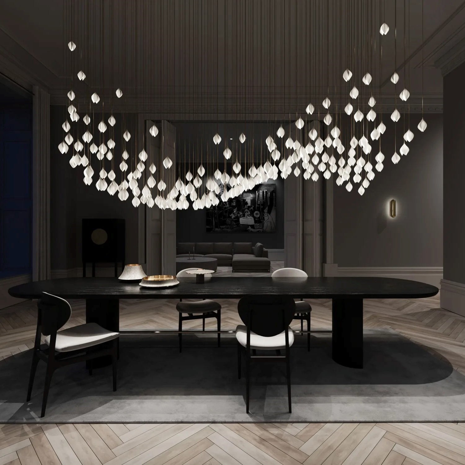 Bloom Ceramic Floral Pendant Light with White Porcelain Flower Buds and Brass Accents