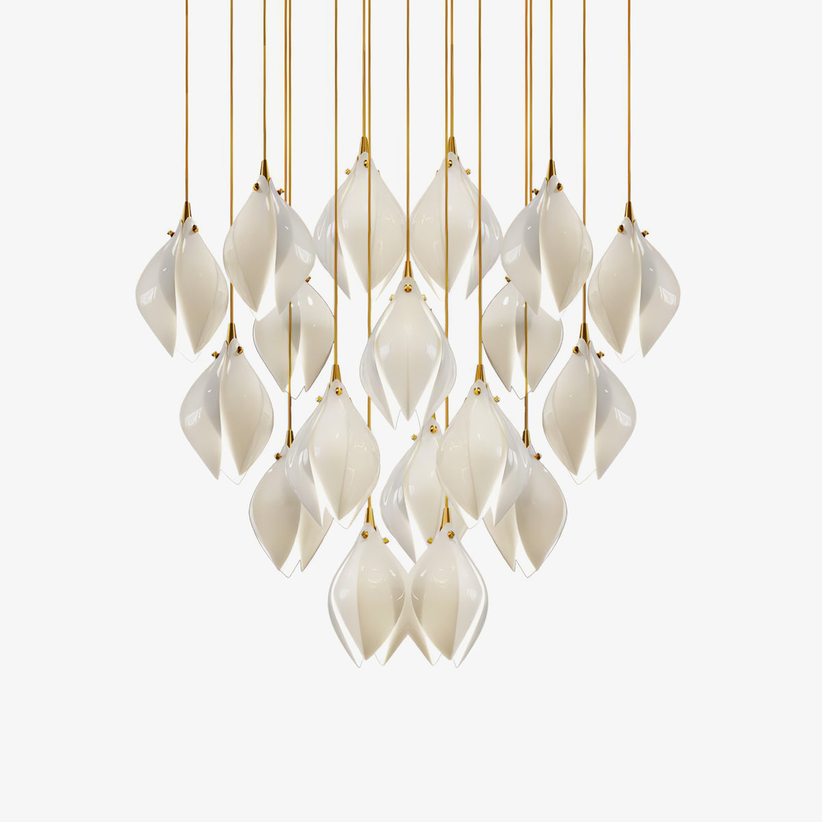 Bloom Ceramic Floral Pendant Light with White Porcelain Flower Buds and Brass Accents