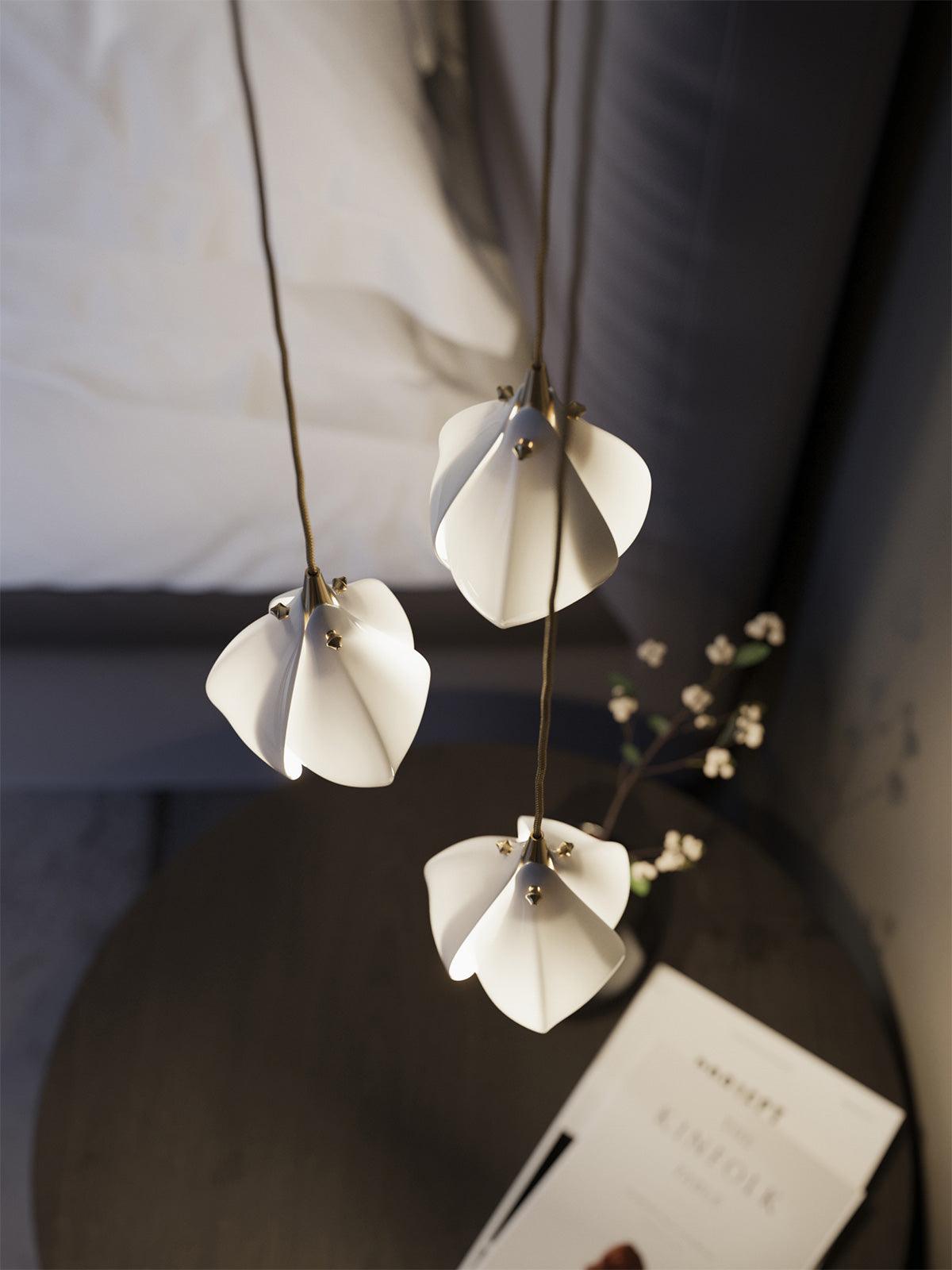 Bloom Ceramic Floral Pendant Light with White Porcelain Flower Buds and Brass Accents