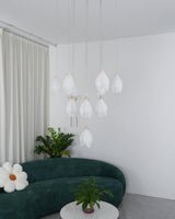 Bloom Ceramic Floral Pendant Light with White Porcelain Flower Buds and Brass Accents