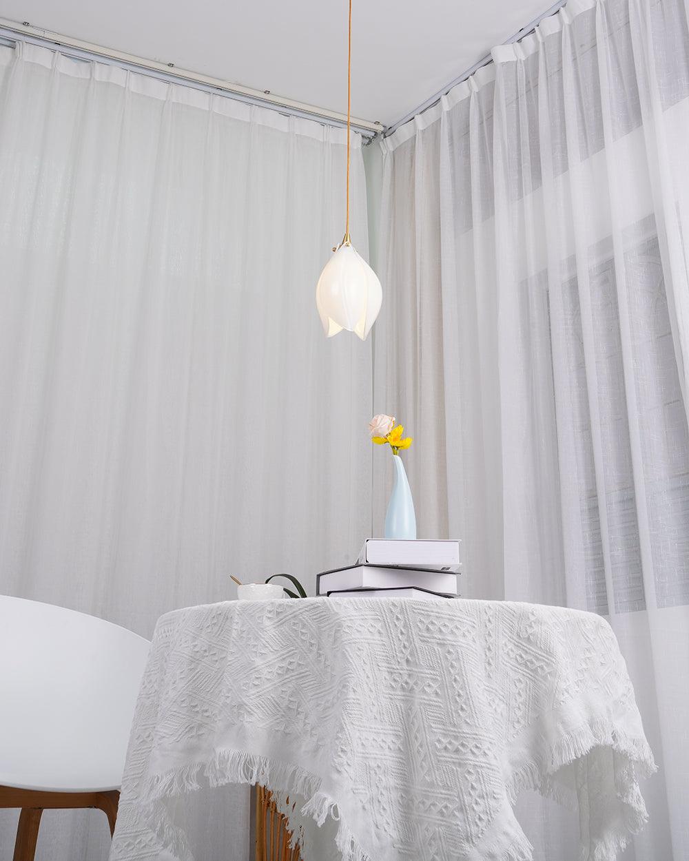 Bloom Ceramic Floral Pendant Light with White Porcelain Flower Buds and Brass Accents