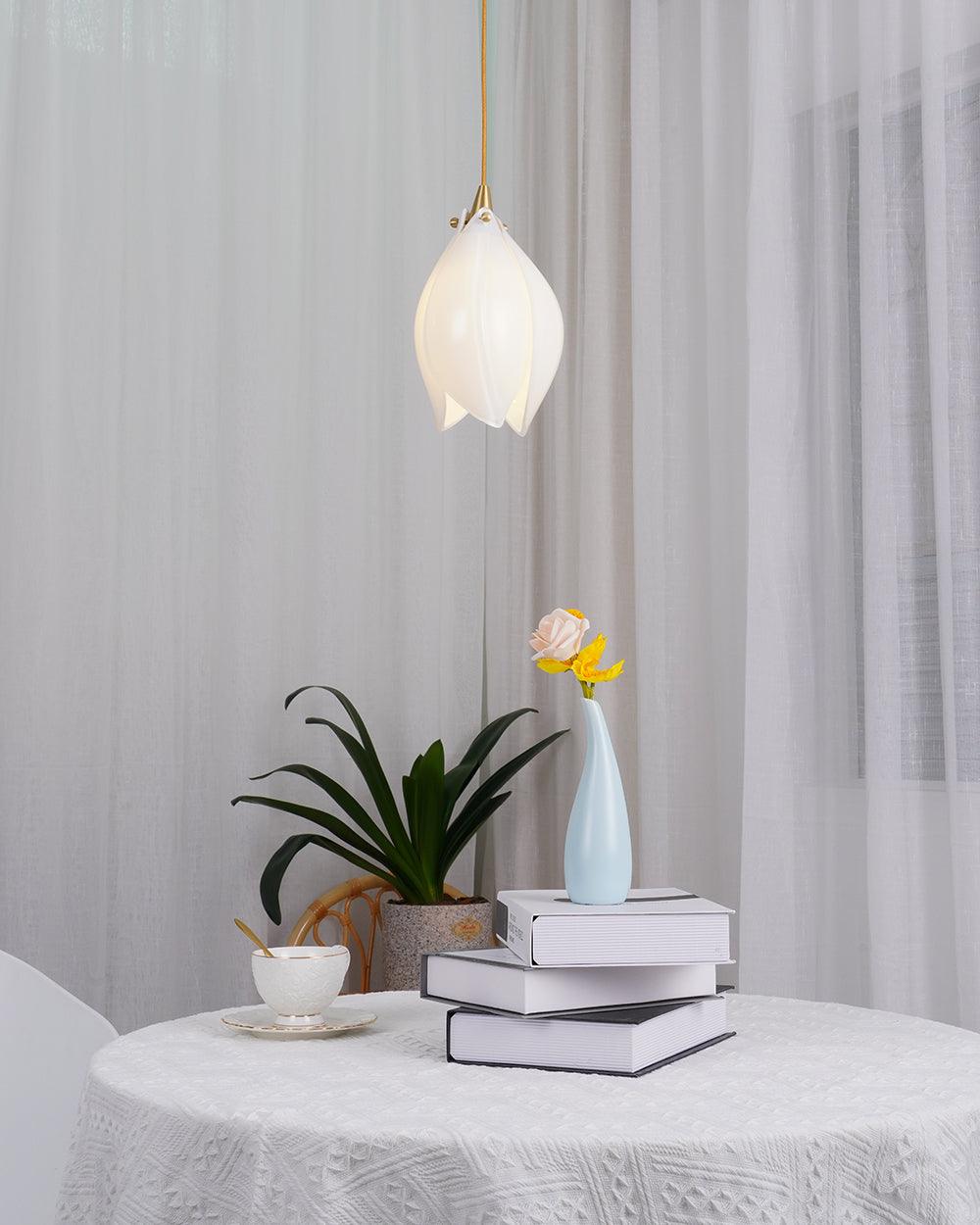 Bloom Ceramic Floral Pendant Light with White Porcelain Flower Buds and Brass Accents