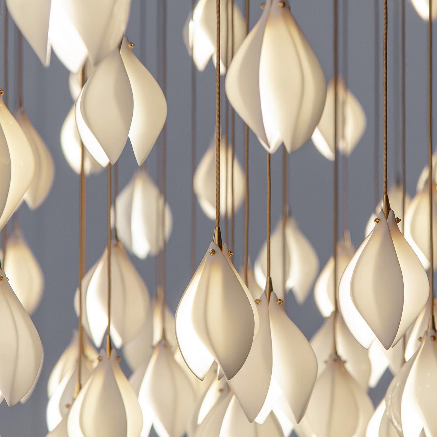 Bloom Ceramic Floral Pendant Light with White Porcelain Flower Buds and Brass Accents