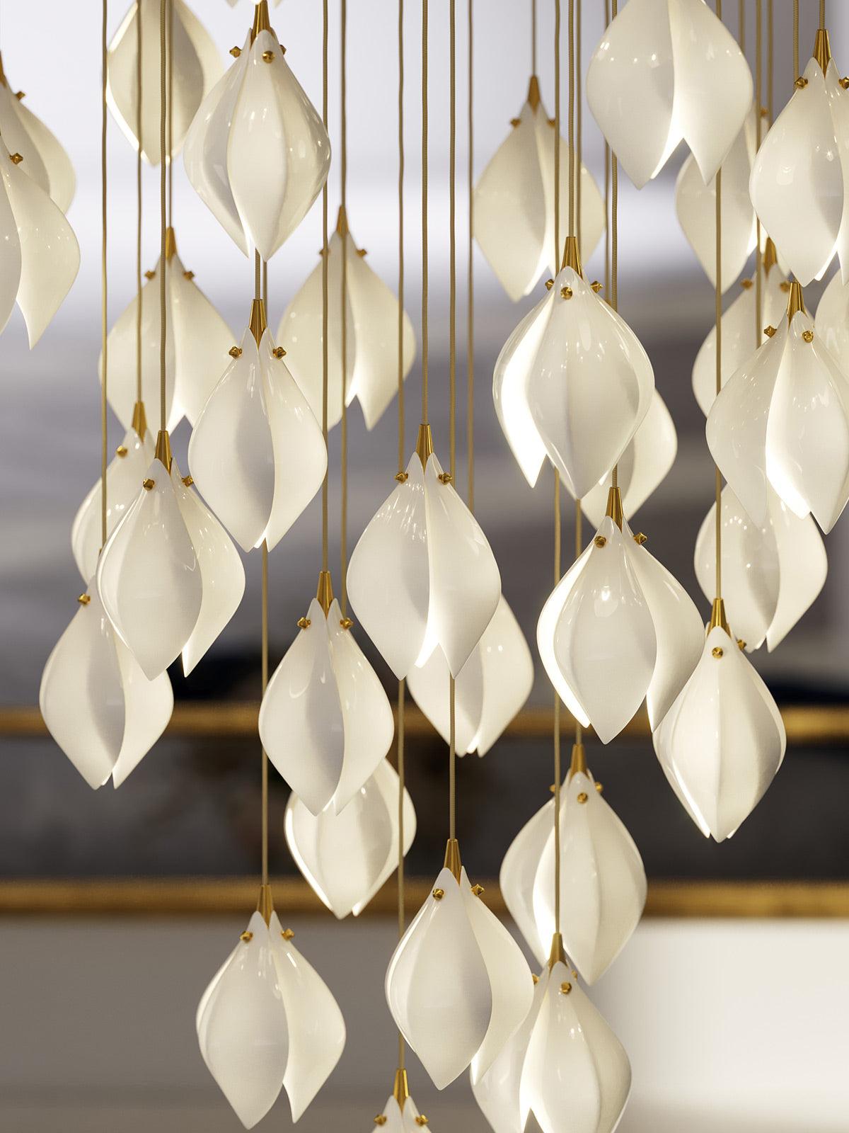 Bloom Ceramic Floral Pendant Light with White Porcelain Flower Buds and Brass Accents