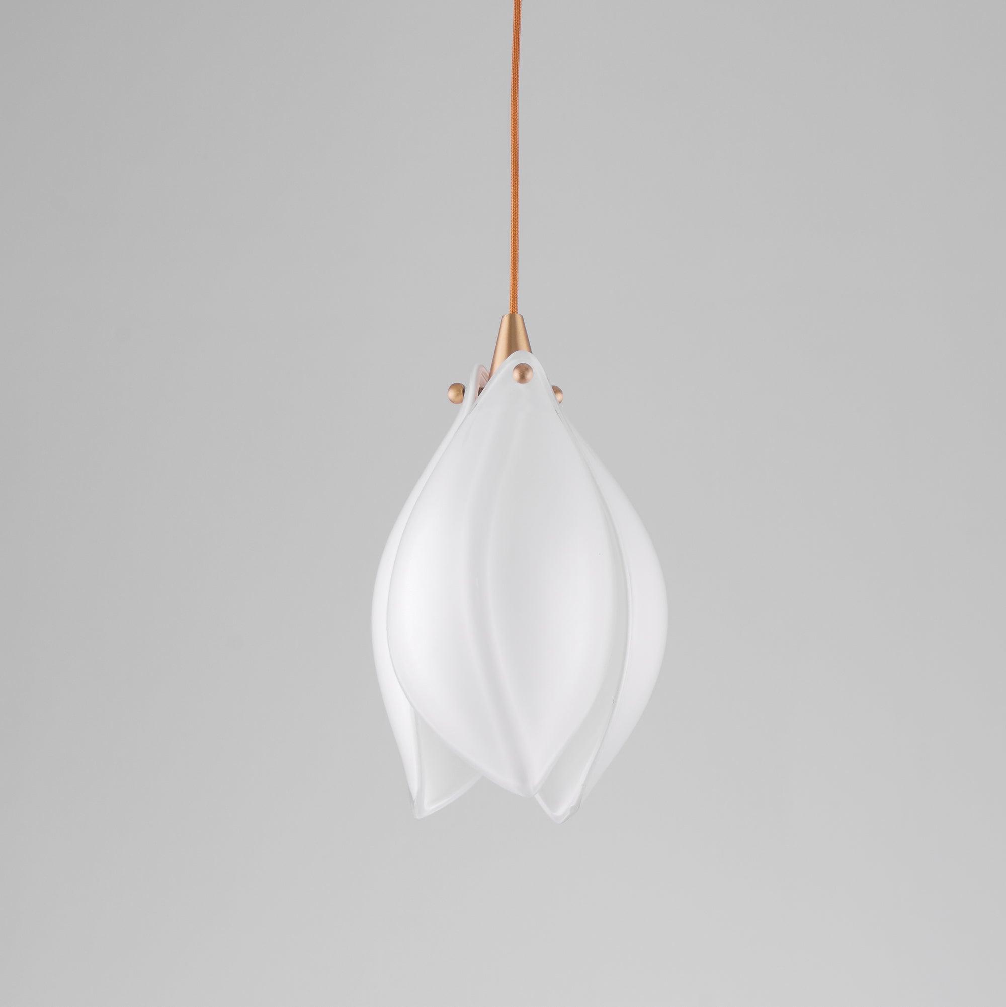Bloom Ceramic Floral Pendant Light with White Porcelain Flower Buds and Brass Accents