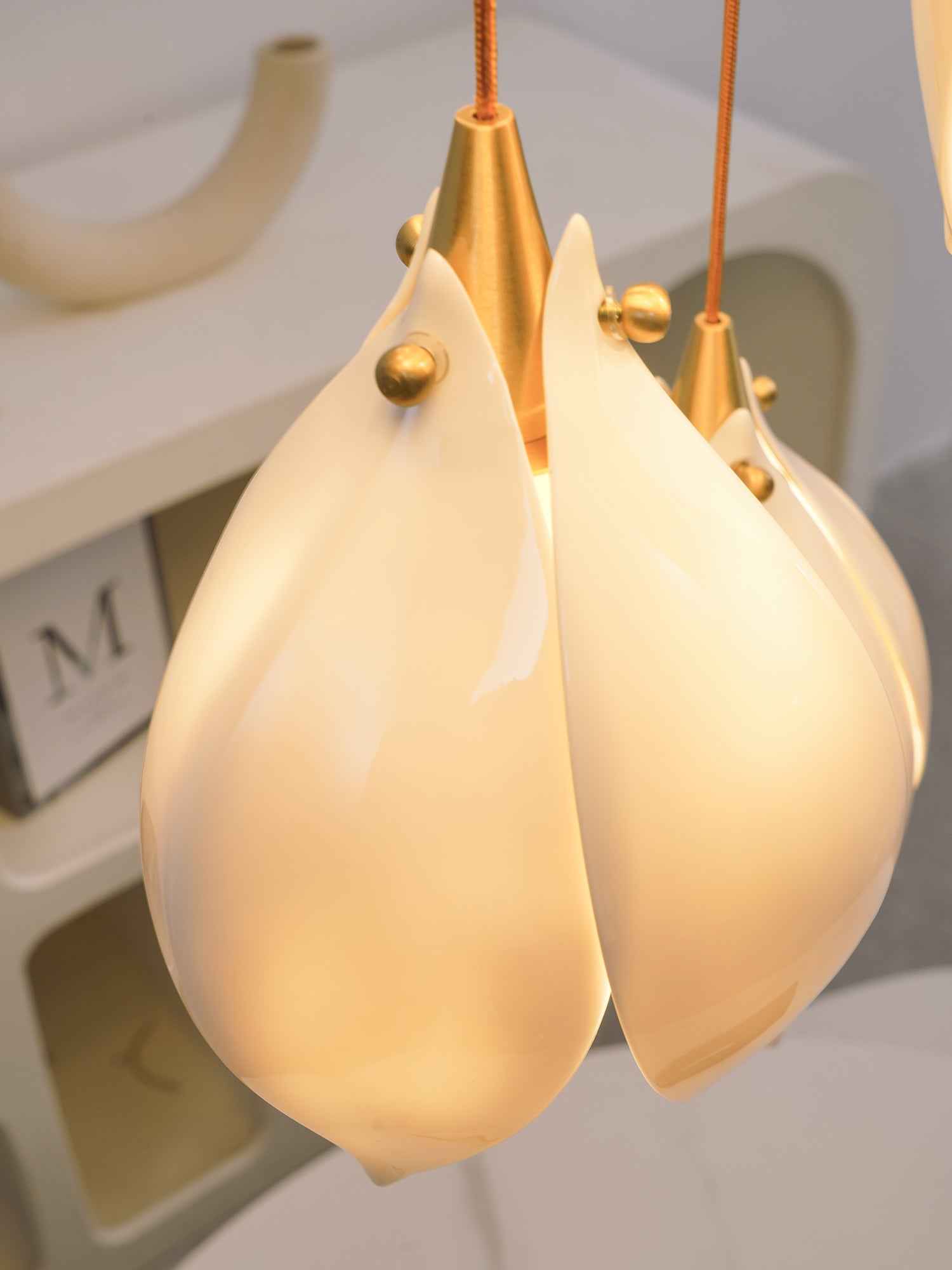 Bloom Ceramic Floral Pendant Light with White Porcelain Flower Buds and Brass Accents