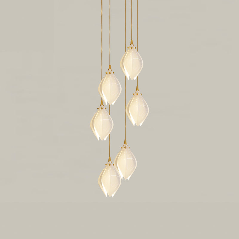 Bloom Ceramic Floral Pendant Light with White Porcelain Flower Buds and Brass Accents