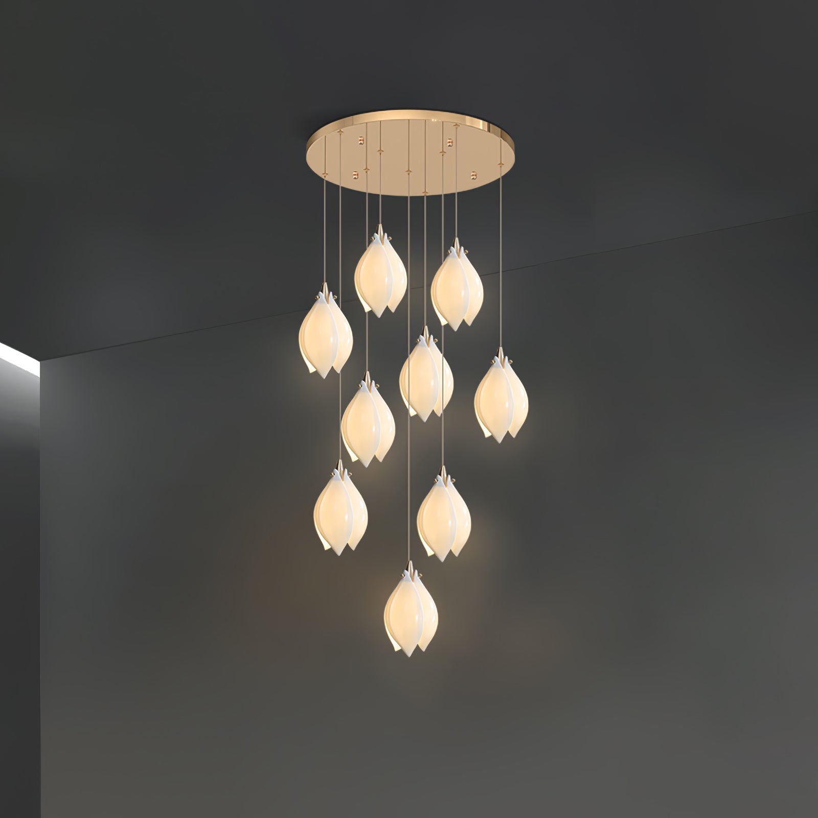 Bloom Ceramic Floral Pendant Light with White Porcelain Flower Buds and Brass Accents