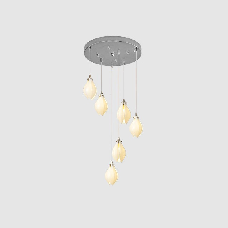 Bloom Ceramic Floral Pendant Light with White Porcelain Flower Buds and Brass Accents