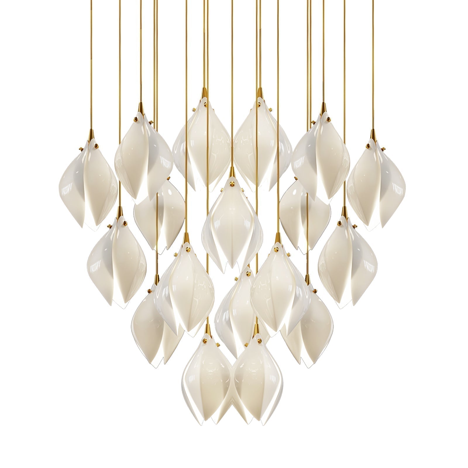 Bloom Ceramic Floral Pendant Light with White Porcelain Flower Buds and Brass Accents