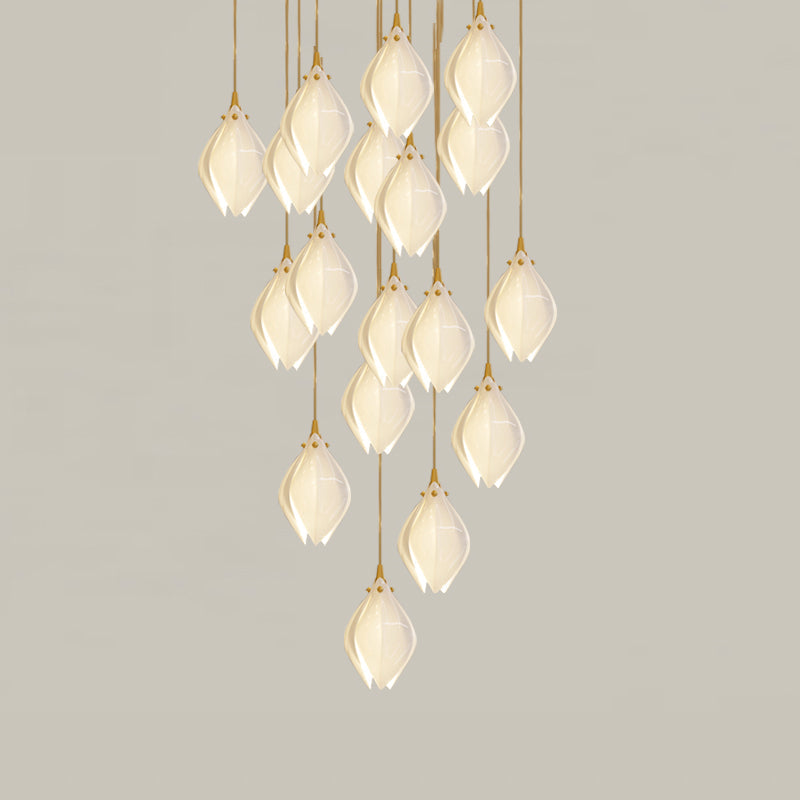 Bloom Ceramic Floral Pendant Light with White Porcelain Flower Buds and Brass Accents