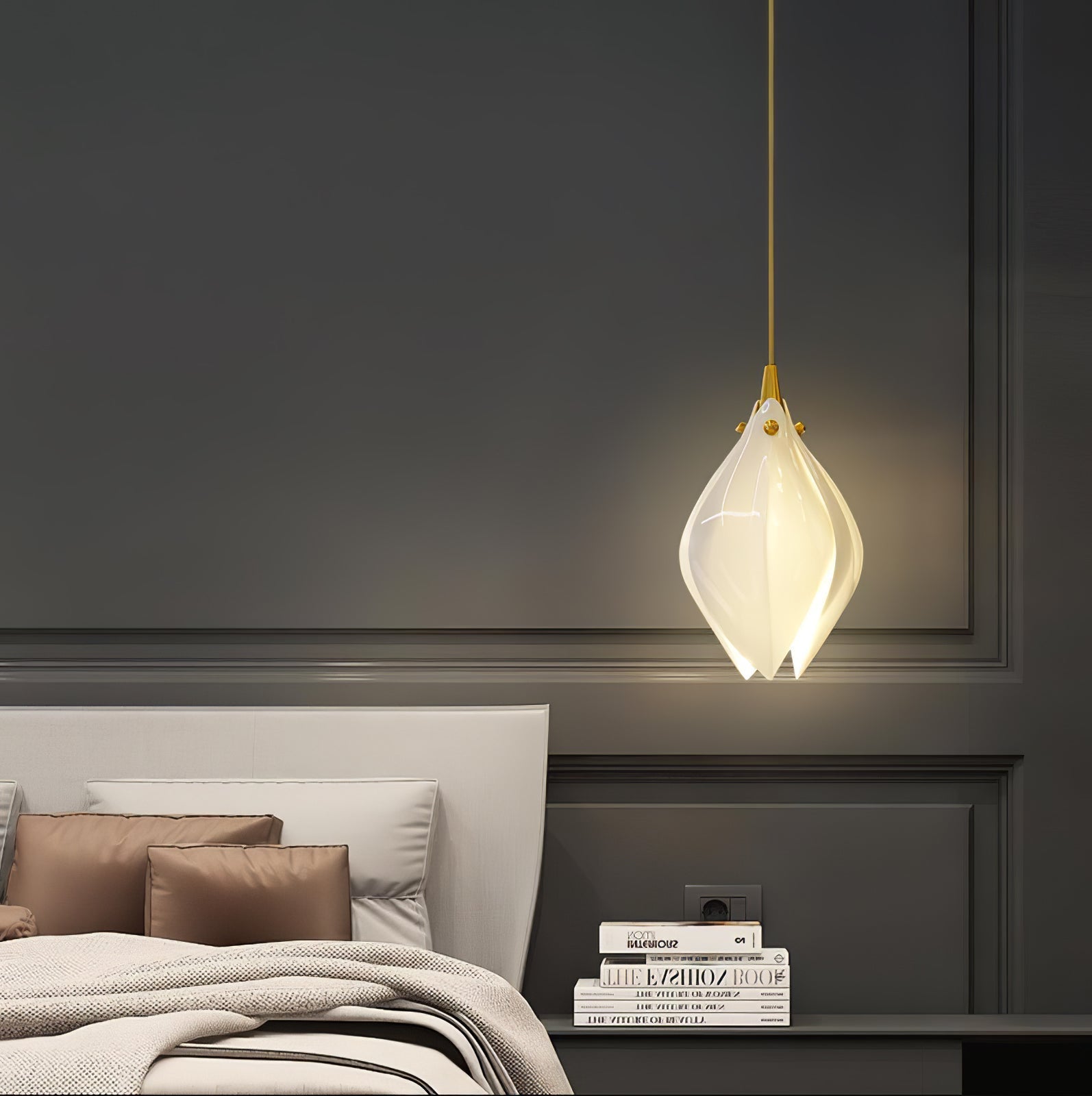 Bloom Ceramic Floral Pendant Light with White Porcelain Flower Buds and Brass Accents