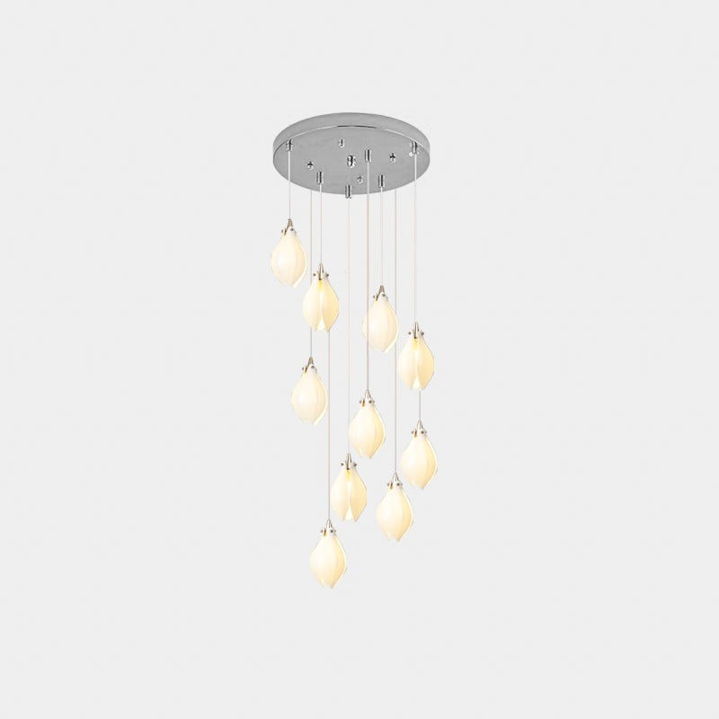 Bloom Ceramic Floral Pendant Light with White Porcelain Flower Buds and Brass Accents