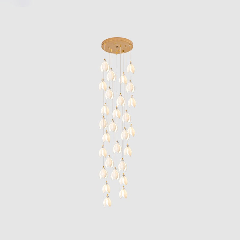 Bloom Ceramic Floral Pendant Light with White Porcelain Flower Buds and Brass Accents