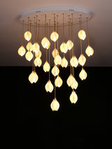 Bloom Ceramic Floral Pendant Light with White Porcelain Flower Buds and Brass Accents