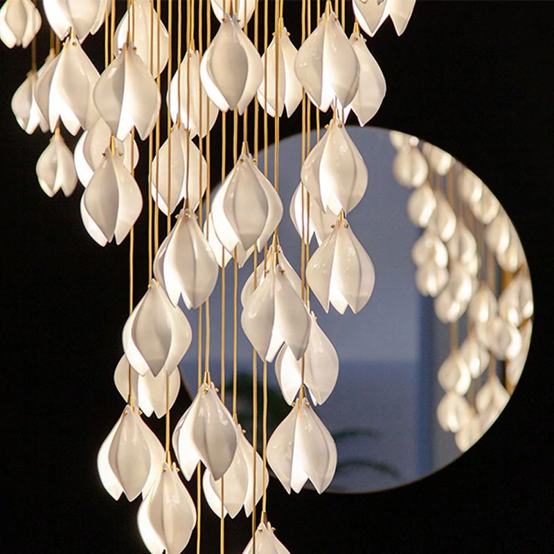 Bloom Ceramic Floral Pendant Light with White Porcelain Flower Buds and Brass Accents