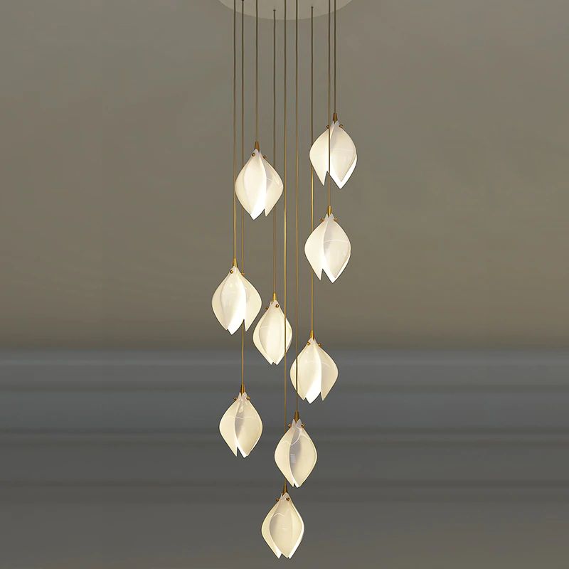 Bloom Ceramic Floral Pendant Light with White Porcelain Flower Buds and Brass Accents