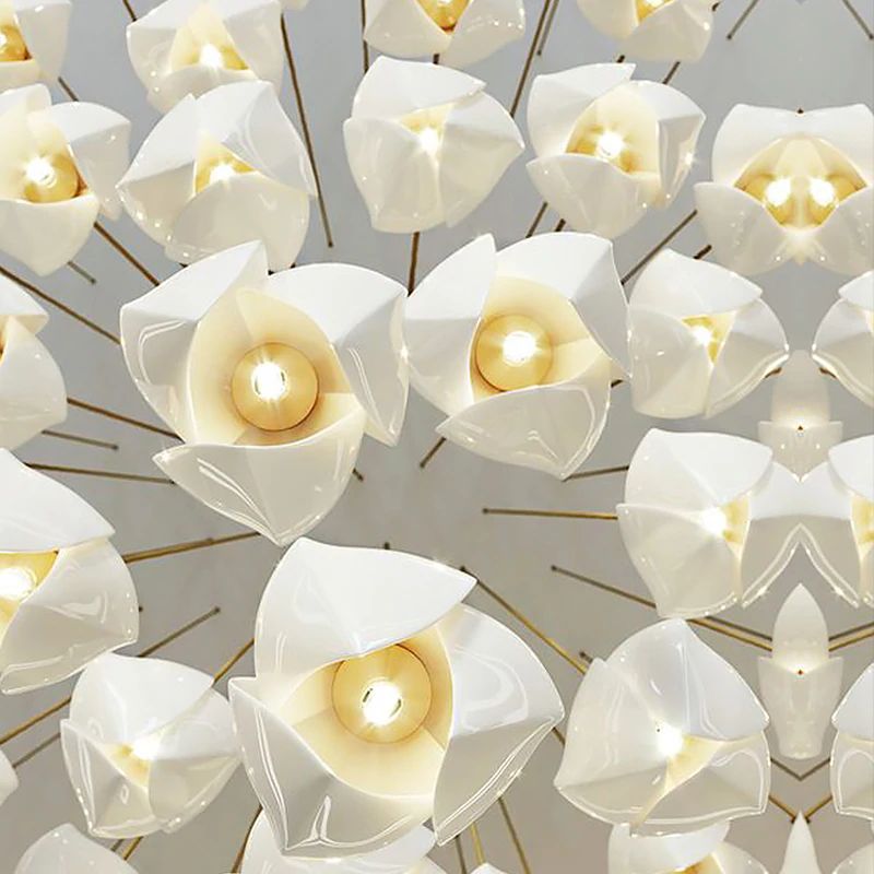 Bloom Ceramic Floral Pendant Light with White Porcelain Flower Buds and Brass Accents