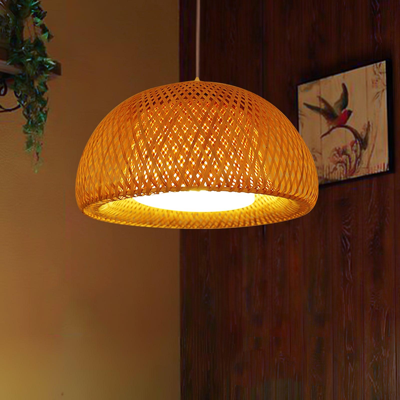Bohemian Rattan Dome Ceiling Lamp with Hand Woven Bamboo Shade for Home Decor