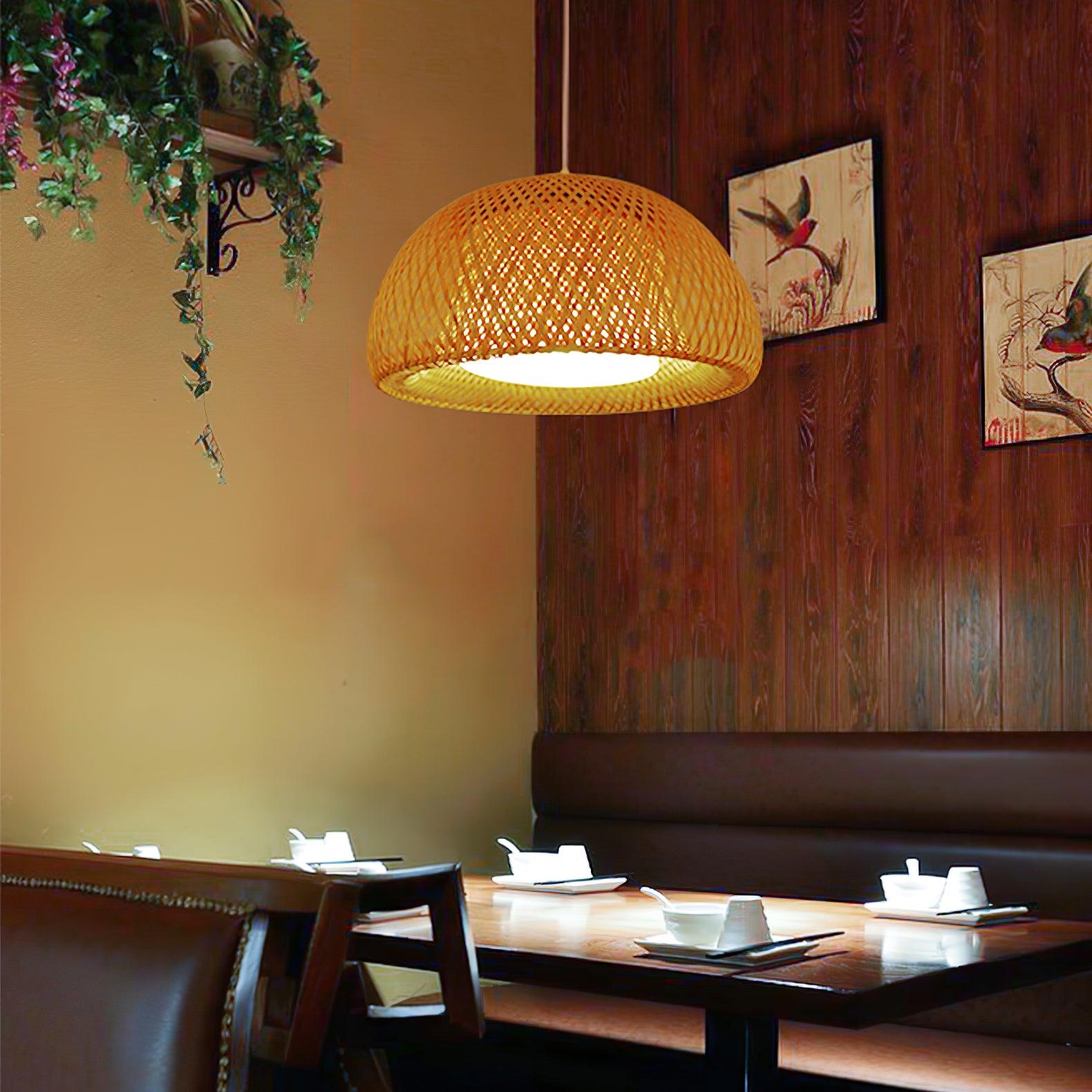 Bohemian Rattan Dome Ceiling Lamp with Hand Woven Bamboo Shade for Home Decor