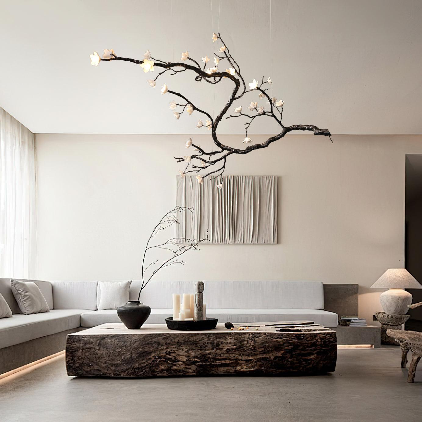 Botanical Ceramic Flower Branch Chandelier Elegant Brass Black Finish Large Pendant Light