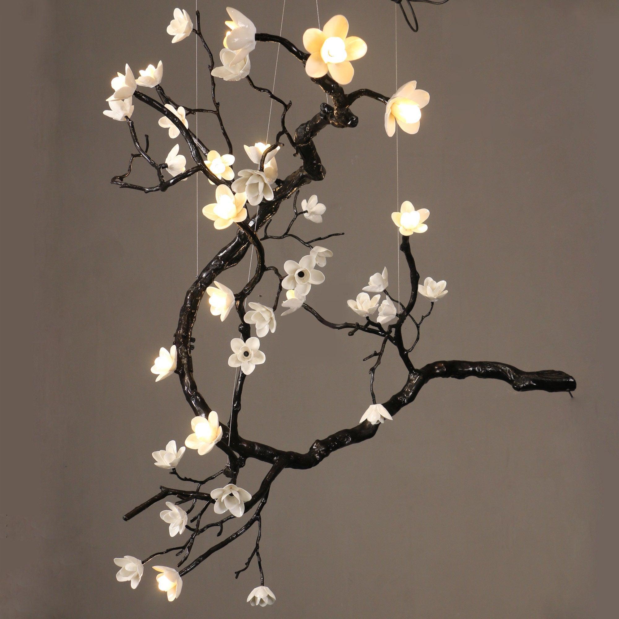 Botanical Ceramic Flower Branch Chandelier Elegant Brass Black Finish Large Pendant Light