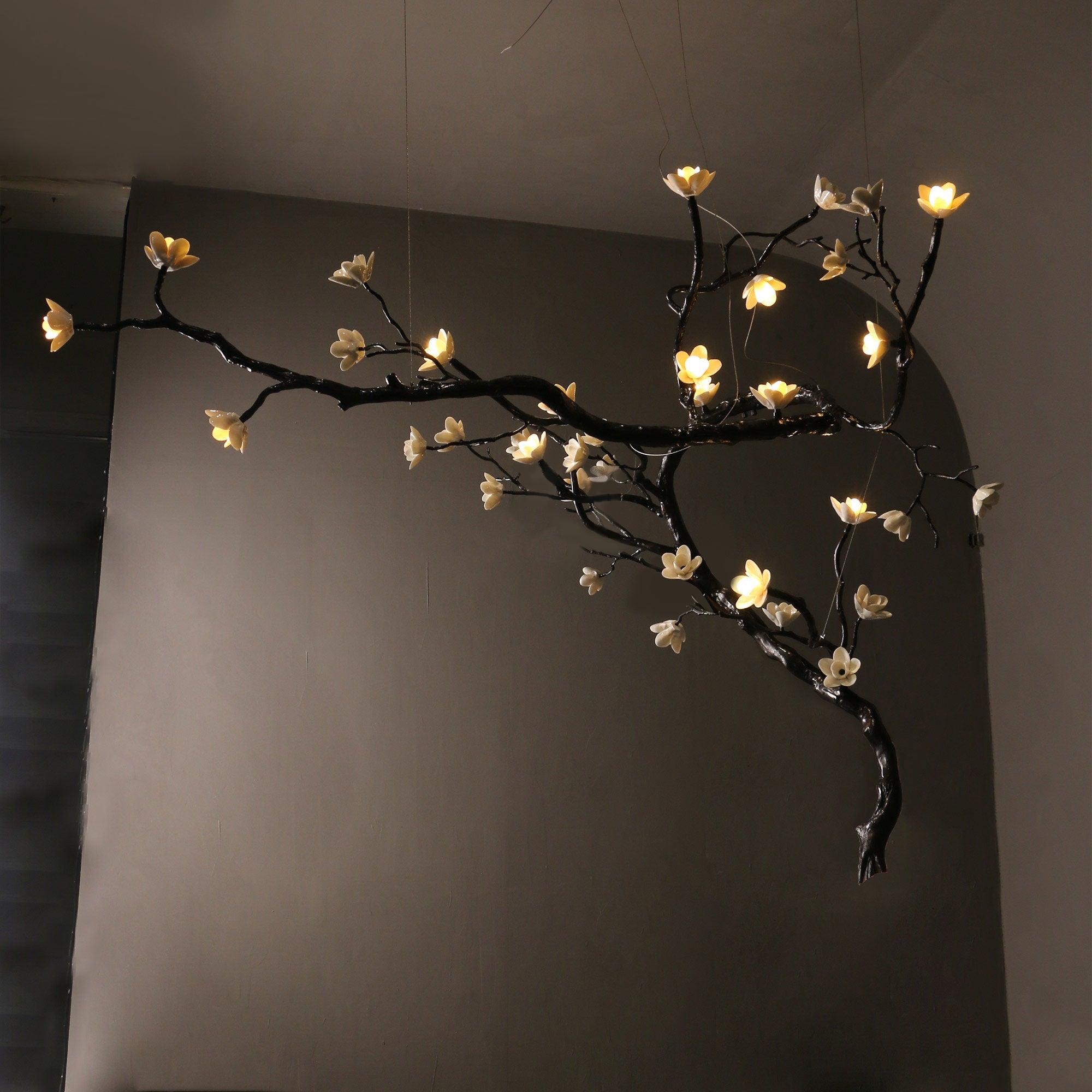 Botanical Ceramic Flower Branch Chandelier Elegant Brass Black Finish Large Pendant Light