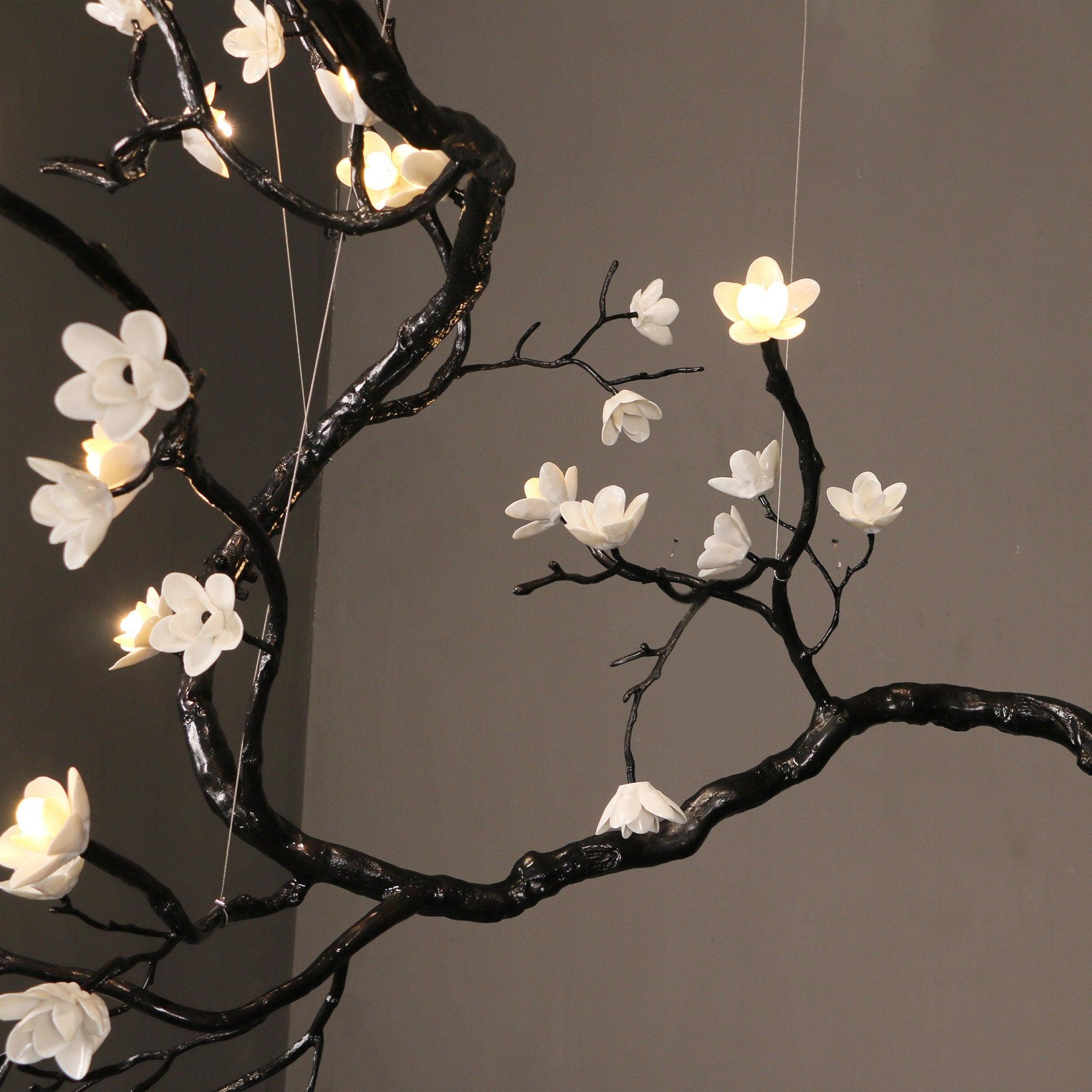 Botanical Ceramic Flower Branch Chandelier Elegant Brass Black Finish Large Pendant Light