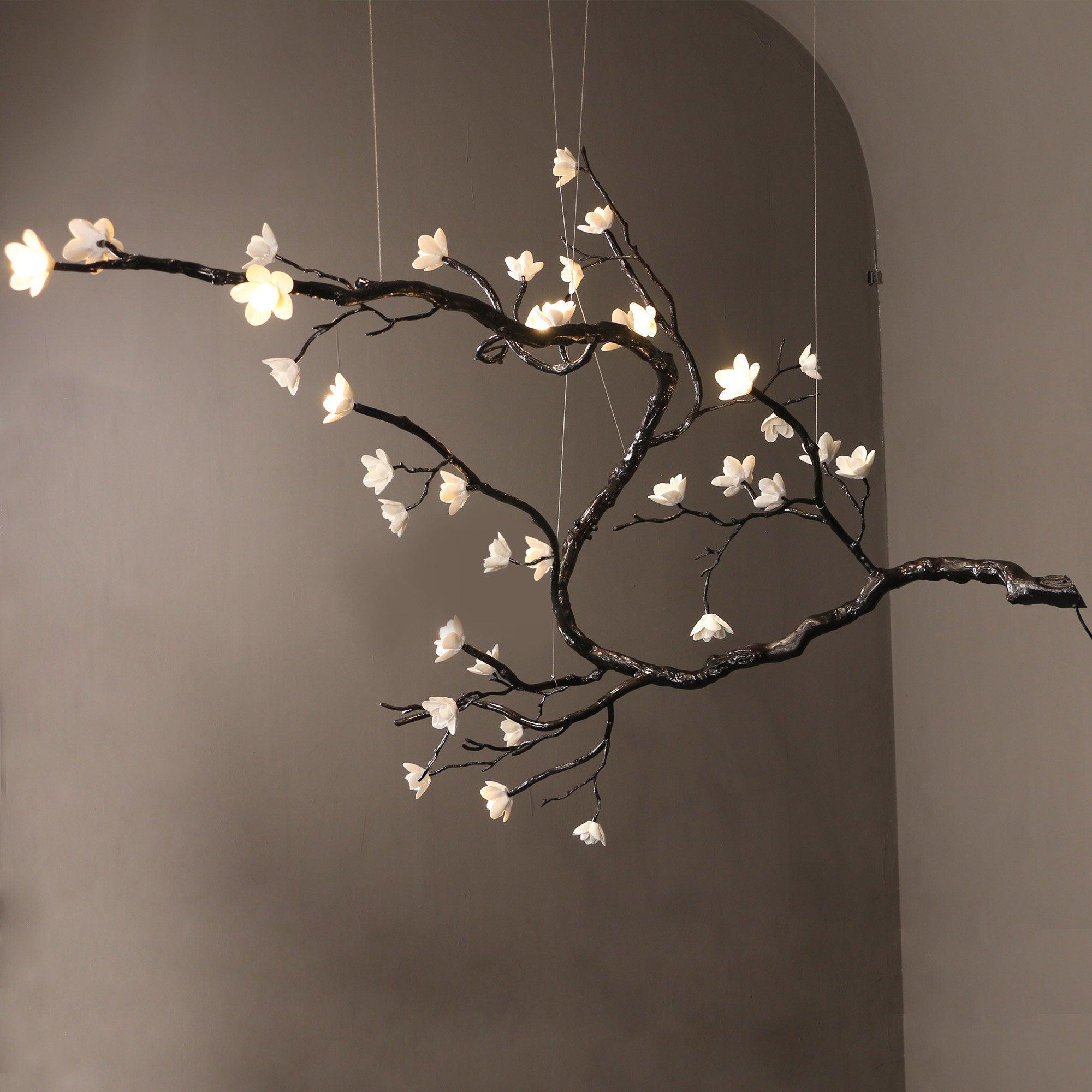 Botanical Ceramic Flower Branch Chandelier Elegant Brass Black Finish Large Pendant Light