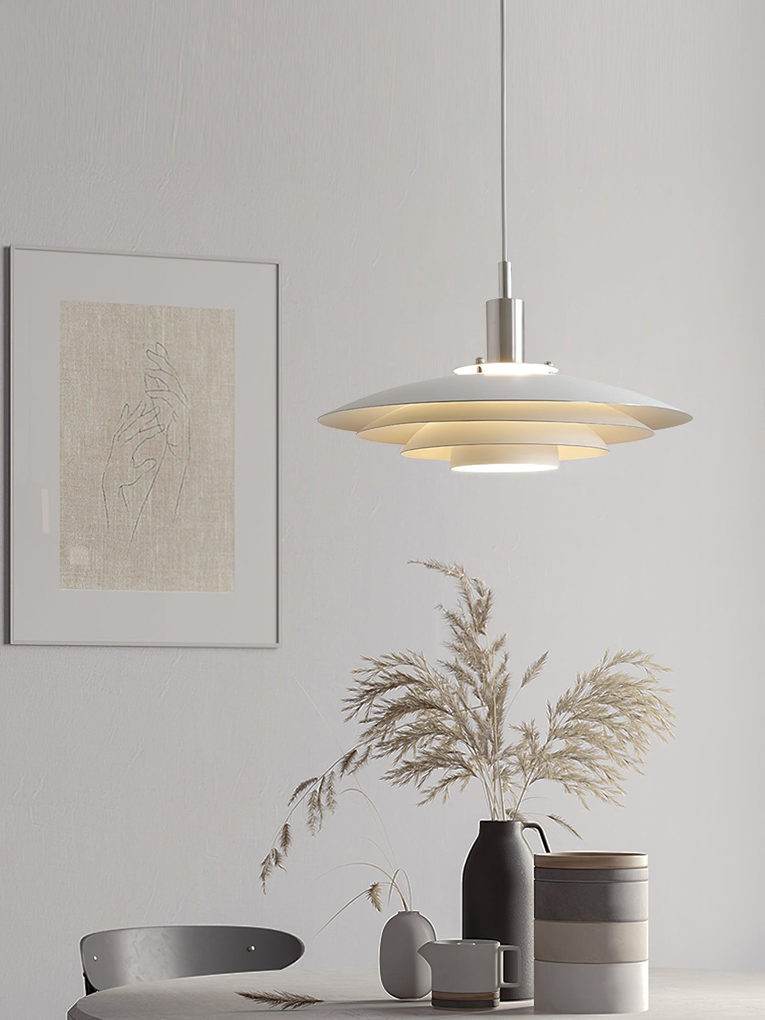 Bretagne Modern Architectural Multi Layered Metal Pendant Light Chrome and White Hanging Ceiling Lamp