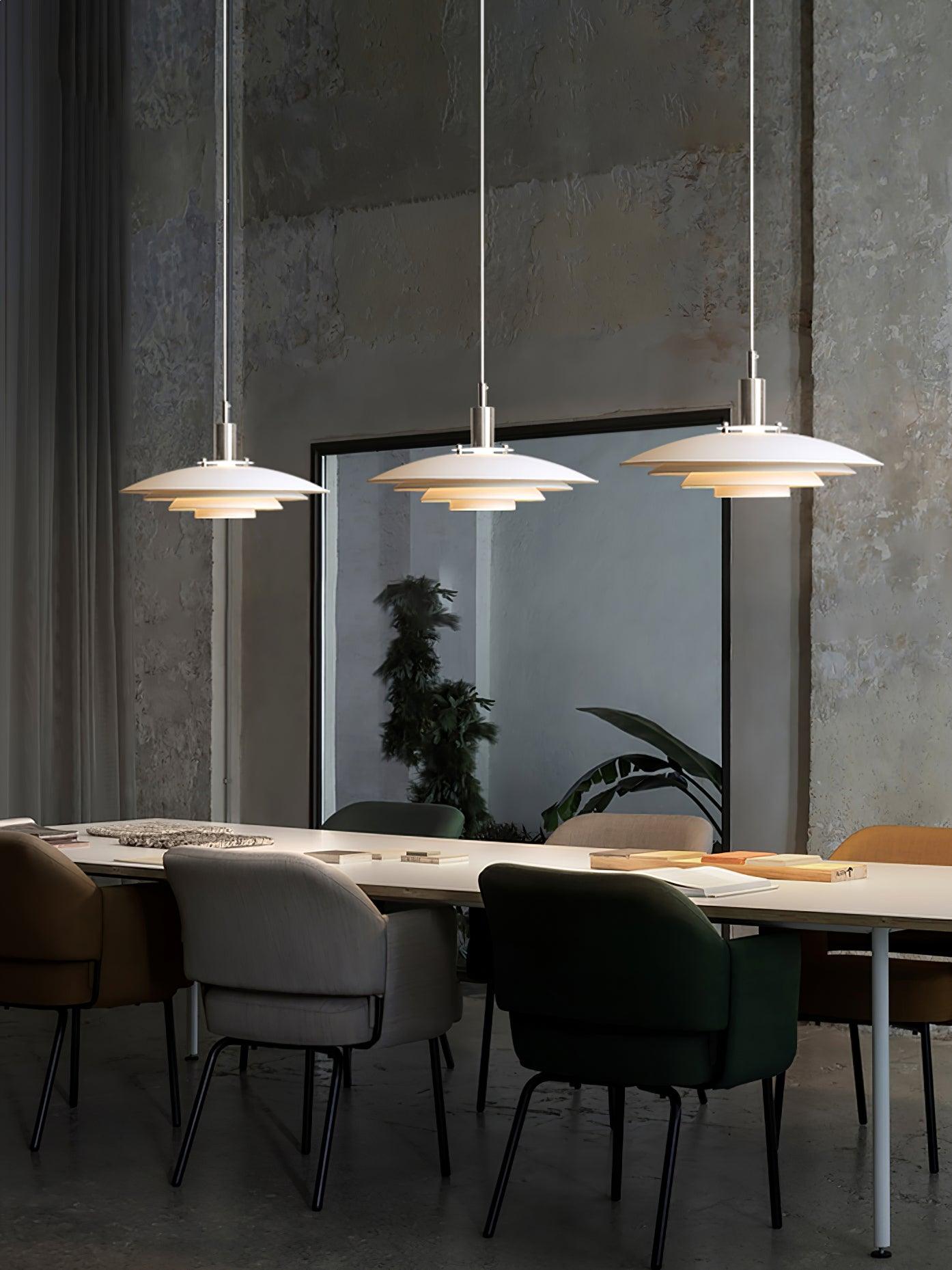 Bretagne Modern Architectural Multi Layered Metal Pendant Light Chrome and White Hanging Ceiling Lamp