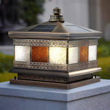 Bronze Copper Square Outdoor Pillar Light Solar or Hardwired Exterior Column Lamp with Glass Shade