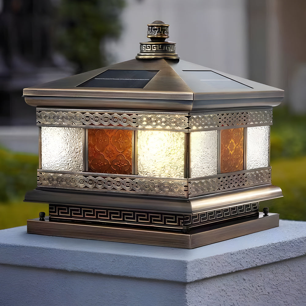 Bronze Copper Square Outdoor Pillar Light Solar or Hardwired Exterior Column Lamp with Glass Shade