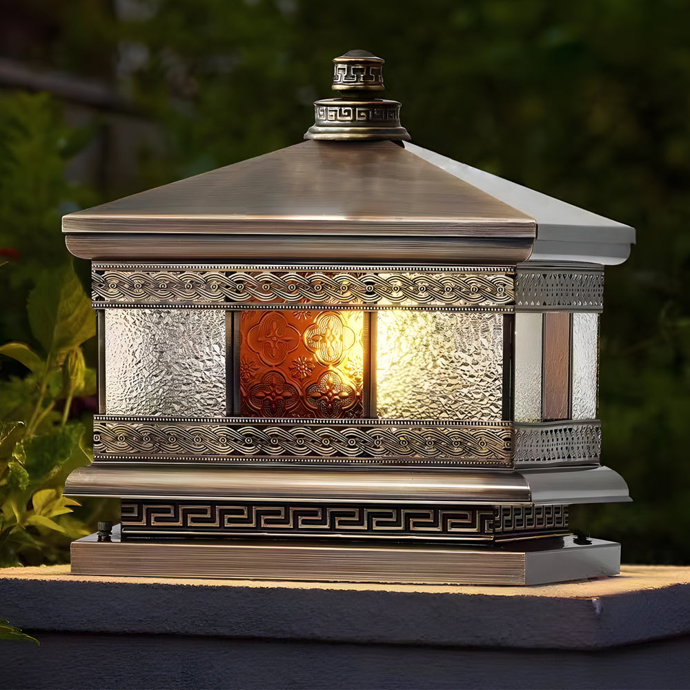 Bronze Copper Square Outdoor Pillar Light Solar or Hardwired Exterior Column Lamp with Glass Shade