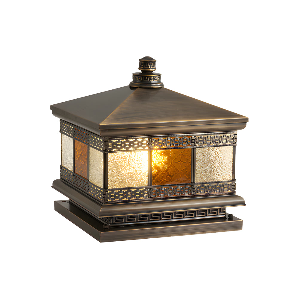 Bronze Copper Square Outdoor Pillar Light Solar or Hardwired Exterior Column Lamp with Glass Shade