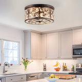 Bronze Crystal Flush Mount Ceiling Light 13 Inch Drum Shape 3 Light Fixture for Hallway and Dining Room
