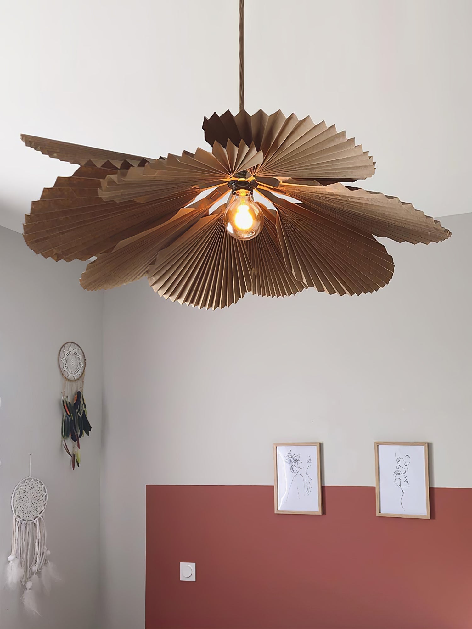 Brown Folded Paper Lotus Leaf Pendant Lamp Multi Layered Floral Sculptural Hanging Light