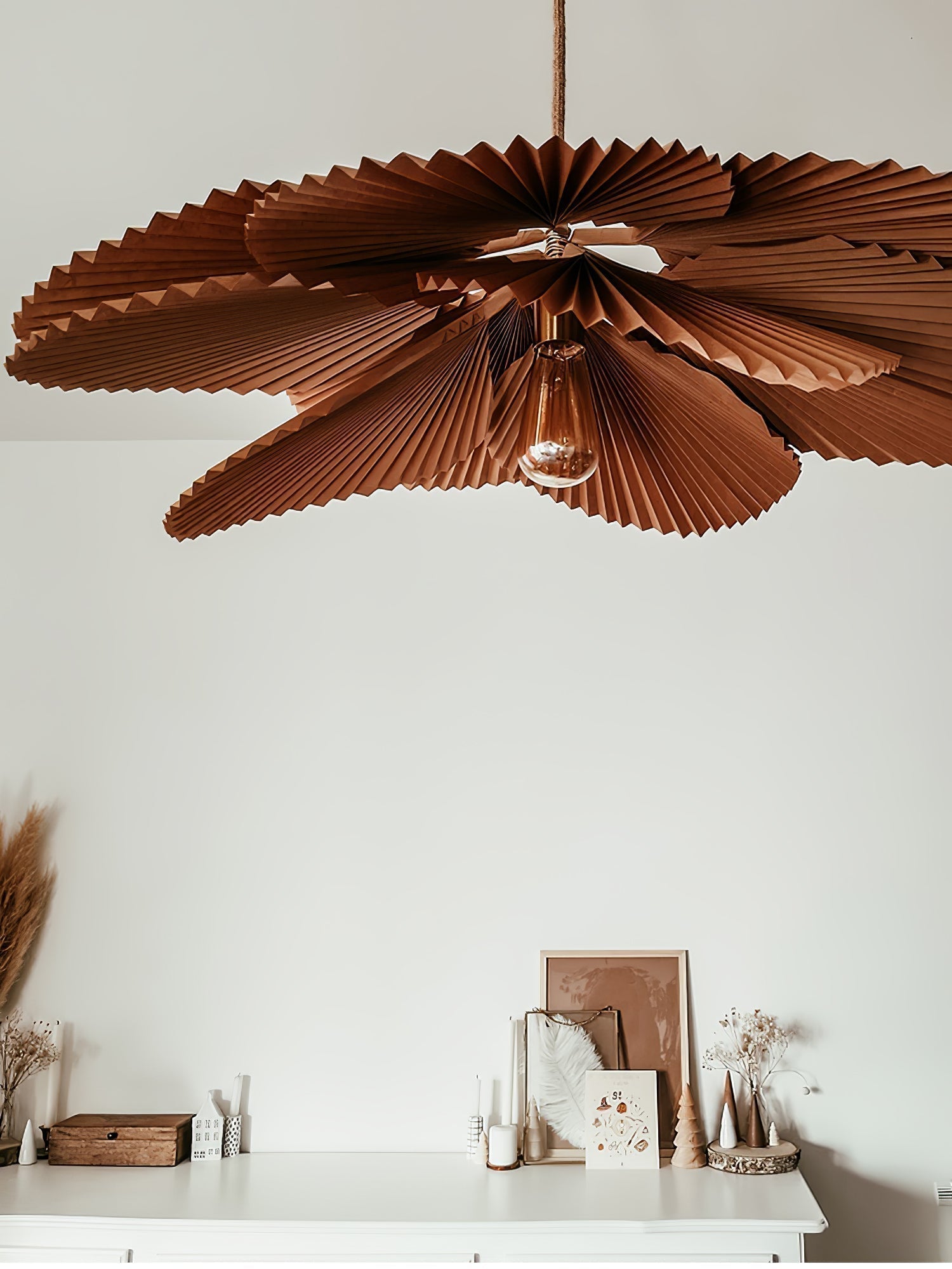 Brown Folded Paper Lotus Leaf Pendant Lamp Multi Layered Floral Sculptural Hanging Light