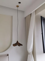 Brown Leaf Shaped Handmade Glass Pendant Light with Brass Finish Art Nouveau Style