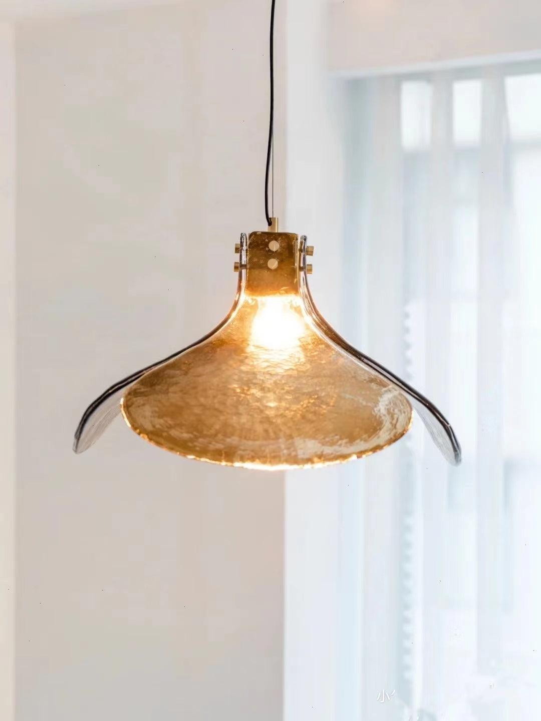 Brown Leaf Shaped Handmade Glass Pendant Light with Brass Finish Art Nouveau Style