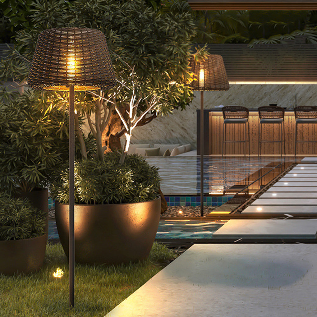 Brown Rattan LED Outdoor Floor Lamp with Ground Stake for Garden Pathway Landscape Lighting