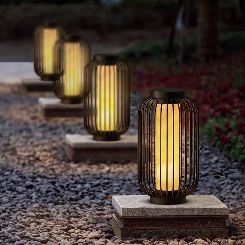 Brown Stainless Steel Caged Outdoor Floor Lantern Modern Exterior Garden Lamp for Patio and Yard