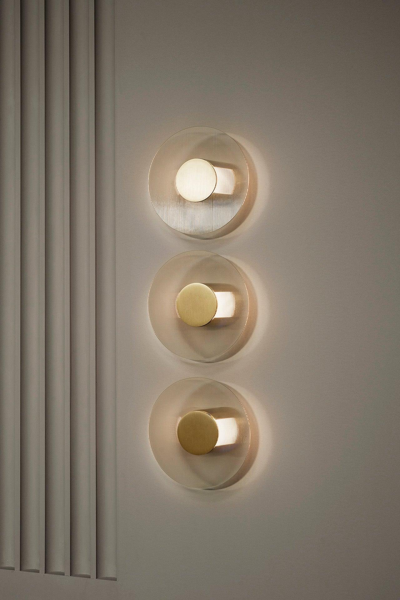Button Modern Striped Glass Wall Sconce Satin Brass LED Indoor Lighting Fixture